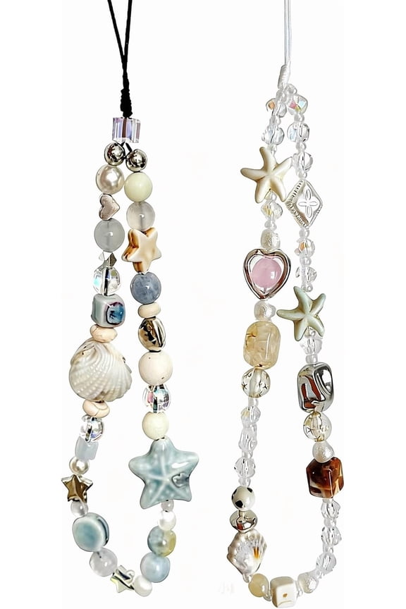 2 Pcs Phone Charm Strap Universal Hand Phone Wrist Strap Camera Lanyard Pearl Beaded Cute Chain String Accessories Universal for iPhone 16 Pro Max Samsung Women Girls Phones Bag Keychain Beach Style