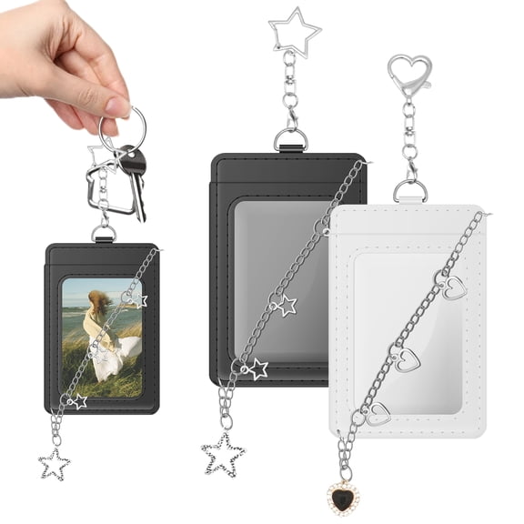2 Pcs Photocard Holder with Metal Chain Kpop Photo Card Holder Heart Star Photocard Keychain Transparent Charm Holder Cute Protective Photocards Holder for Bus Student Card Photo Idol