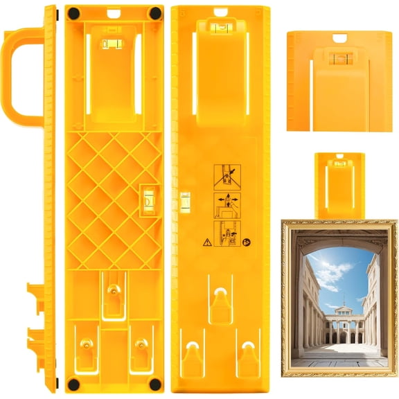 2 Pcs Picture Hanging Tool with Level, Yellow Plastic Wall Picture Hanger with Non-Slip Handle, Ruler on Both Sides, Scratch-Proof Mat, Picture Frame Hooks for Hanging Photo/ Art/ Painting Frame