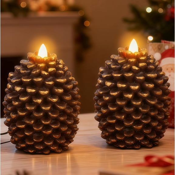 2 Pcs Pine Cone Flameless Candles Battery Operated with 6 Hour Timer | Flat Wick Flickering , Brown LED Candles, Christmas Home Holiday Decoration