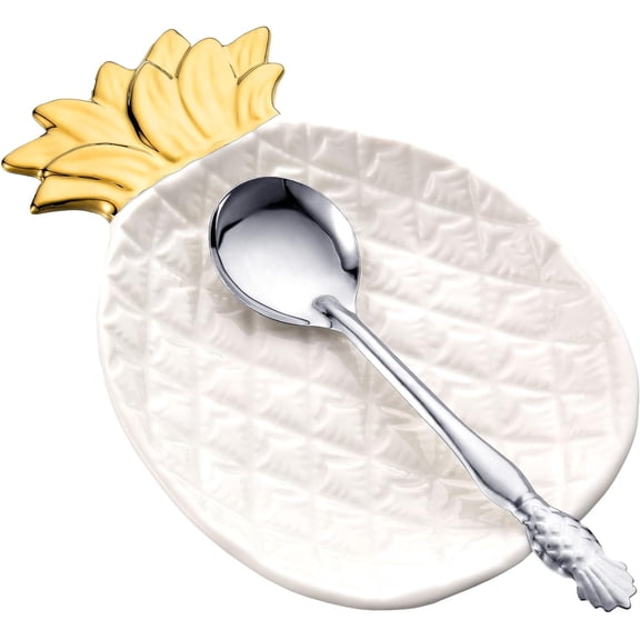 2 Pcs Pineapple Spoon Rest and Spoon Set, Ceramic Farmhouse Utensil Rest for Kitchen Counter Spatula Utensil Holder for Ladles Tong Modern Gift Pineapple Kitchen Decor