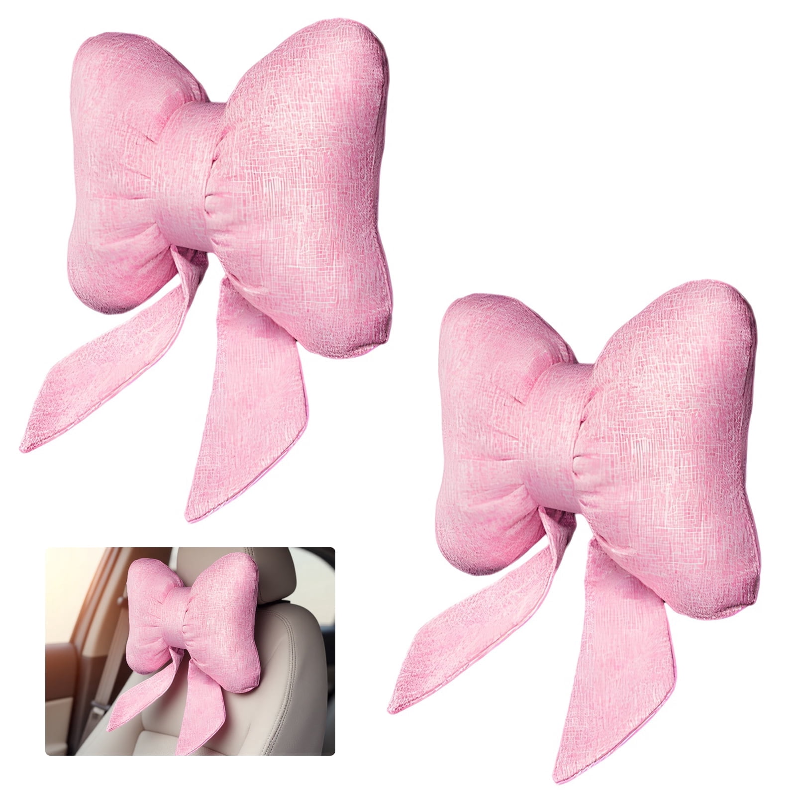 2 Pcs Pink Bow Car Accessories, Cute Car Decor Accessories with Linen Headrest Pillow, Provides Neck Support for Women, Breathable and Comfortable