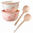 thumbnail image 1 of 2 Pcs Pink Bow Ceramic Bowls with Spoon Set 10oz Coquette Cute Soup Bowl Preppy Dessert Pudding Fruit Salad Decorations for Kitchen Decoration Pink White Bowl, 1 of 5