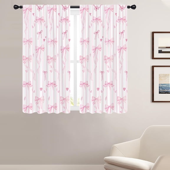 2 Pcs Pink Bow Curtains for Girls Room, 42 x 63 Inch Rod Pocket White Drapes, Coquette Aesthetic Kawaii Decor for Kids Bedroom, Nursery Window Treatment, Preppy Princess Party Backdrop