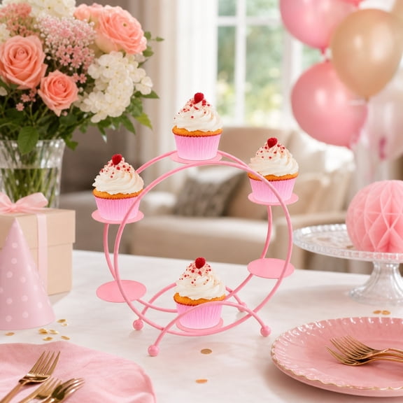 2 Pcs Pink Ferris Wheel Cake Stand, Iron Cupcake Display Holder with Multi Tier Dessert Tray, Unique Wedding Centerpiece for Birthday Party, Summer Events and Celebrations
