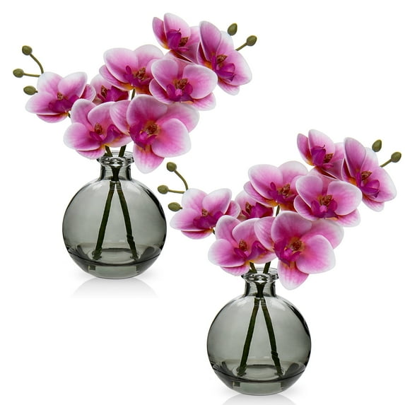 2 Pcs Pink Orchids Artificial Flowers Arrangement with Black Glass Vase Faux Phalaenopsis Flowers Table Centerpiece