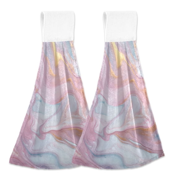 2 Pcs Pink Turquoise Lavender Marble Kitchen Hand Towels with Hanging Loops Absorbent Soft Fast Drying Decor Bath Towels