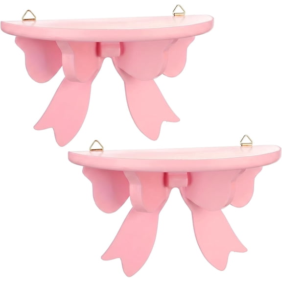 2 Pcs Pink Wooden Floating Shelves, Cute Bow Shape Wall Mounted Storage Rack 11x7.52 Inch for Bedroom Living Room, Butterfly Decor
