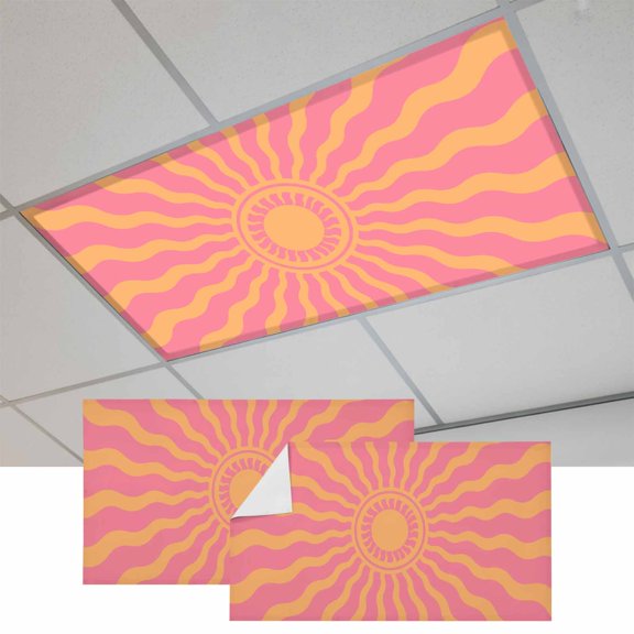 2 Pcs Pink Yellow Radiant Sun Fluorescent Light Covers Abstract Wavy Sunbeams Rings Boho Eclectic Magnetic Light Covers for Ceiling Lights 4 x 2 ft Drop Ceiling Lights Cover Shade for Office, Home,