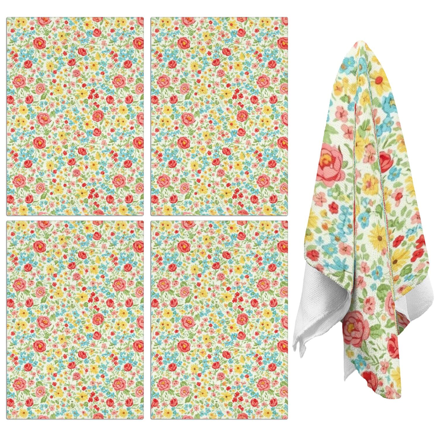 2 Pcs Pioneer Flower Floral Print Pattern Kitchen Towels, Funny Microfiber Dish Towel Set, 18" X 26" Tea Towels