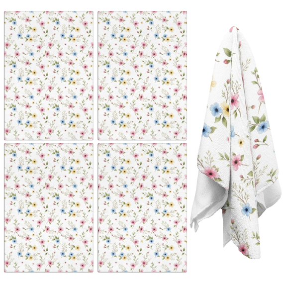 4 Pcs Pioneer Flower Floral Print Pattern Kitchen Towels, Funny Microfiber Dish Towel Set, 18" X 26" Tea Towels