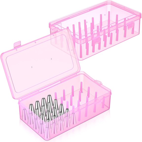 2 Pcs Piping Tip Box with Fixed Pins 84 Piping Tip Organizer Baking Cake Decoration Tool Storage Box (Pink)