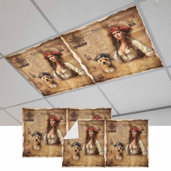 2 Pcs Pirate Girl Fluorescent Light Covers Cute Dog Treasure Map Magnetic Light Covers for Ceiling Lights 4 x 2 ft Drop Ceiling Lights Cover Shade for Office, Home, Hospital