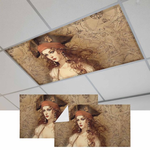2 Pcs Pirate Girl Fluorescent Light Covers Treasure Route Map Magnetic Light Covers for Ceiling Lights 4 x 2 ft Drop Ceiling Lights Cover Shade for Office, Home, Hospital