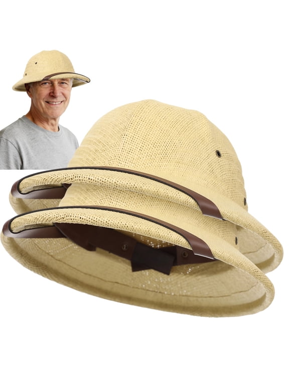 2 Pcs Pith Helmets for Men, Adjustable British Safari Explorer Hats, Breathable Straw Sun Hats for Outdoor Adventuring, Fishing, Hiking, Gardening