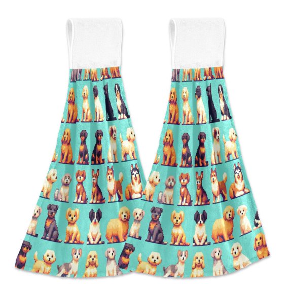 2 Pcs Pixel Style Dogs Kitchen Hand Towels with Hanging Loops Absorbent Soft Fast Drying Decor Bath Towels