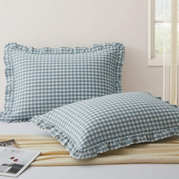 2 Pcs Plaid Ruffle Pillow Case Queen Size, Cotton Gingham Ruffled Euro Sham Pillow Covers 20x30 Inch, Linen Feel Plaid Bed Pillow Shams with Envelope Closure for Sofa Bed (Dusty Blue Plaid)