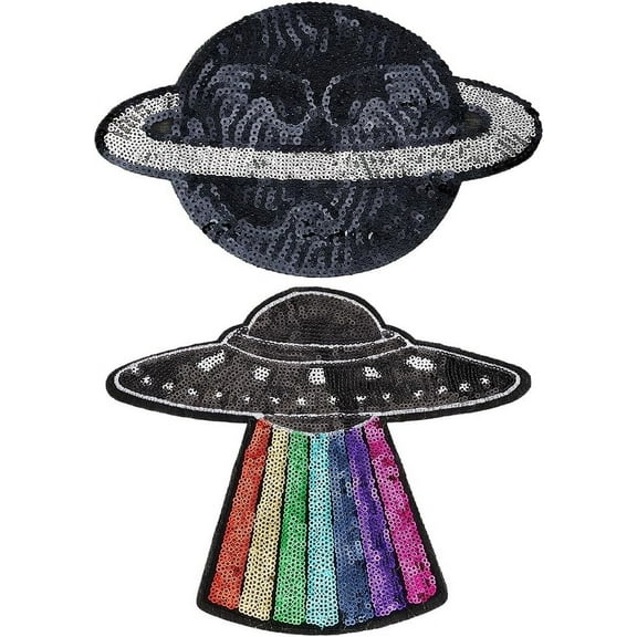 2 Pcs Planet Spacecraft Sequin Iron on Patches Paillette Sew on Patches Polyester Universe Embroidery Applique Glitter Sequin Space Earth Patch Clothing Repair Patch for DIY Craft Decor Multi-color