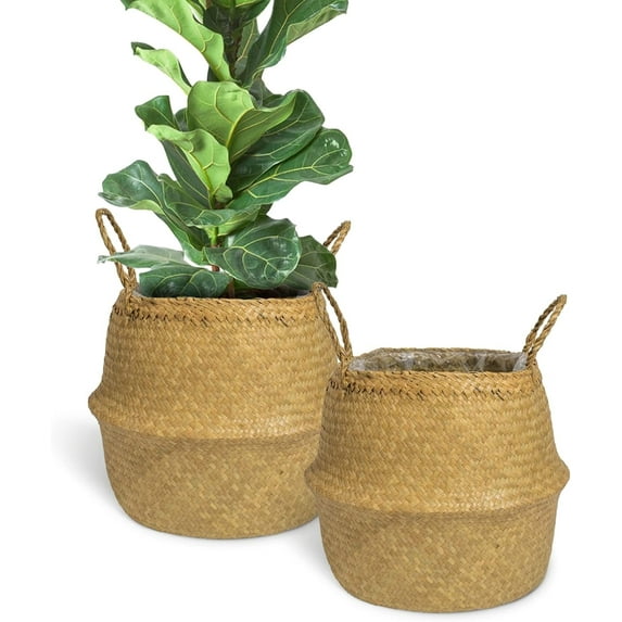 Trianu 2Pcs Seagrass Belly Baskets, Plant Bassket, Hand Woven Belly Basket for Pot, Home Boho Decor, Storage Laundry Picnic Grocery Straw Bag, Medium