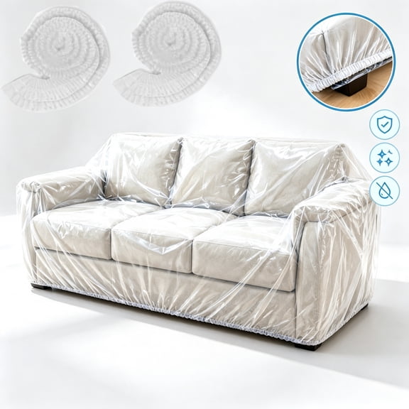 2 Pcs Plastic Couch Cover with Elastic Band, Tutuviw Clear Sofa Cover Protector for Moving and Storage, Waterproof Dustproof Furniture Cover Plastic Slipcover for 3-Seat Sofa Protection