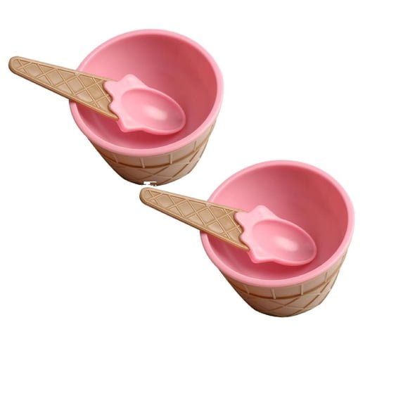 2 Pcs Plastic Ice Cream Bowls with Spoons, Reusable Fun Ice Cream Cups Bulks, Cartoon Candy Color Cute Ice Cream Dessert Bowls Set for Sundae Frozen Yogurt Summer Holiday Parties, Pink