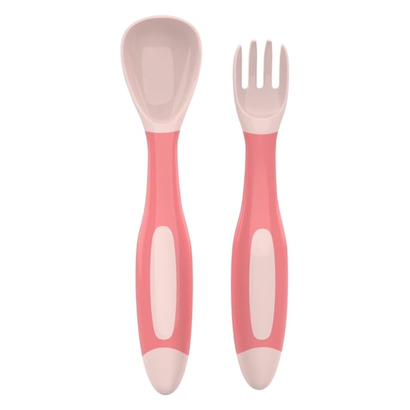2 Pcs Plastic Small People Spoons Set Tableware Bendable Design Portable Utensils Small People Feeding Auxiliary Spoon Fork for Self-Feeding Bendable Learning Utensils, 5.63"&5.24", Pink