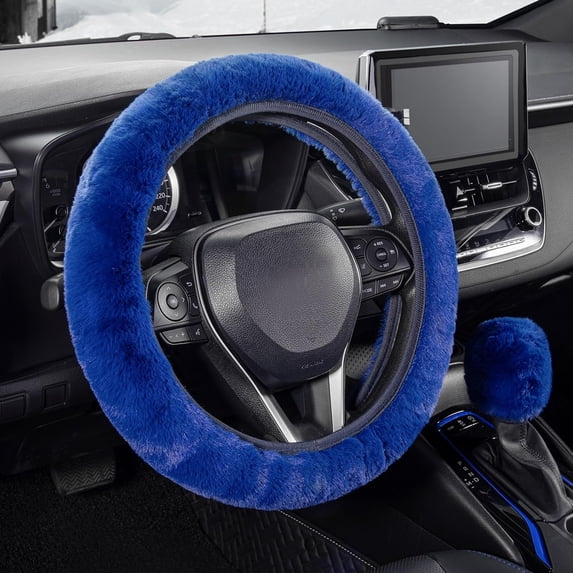 2 Pcs Plush Steering Wheel Cover Set with Gear Shift Cover, 15 Inch Universal Soft Faux Fur Fluffy Auto Interior Accessories, Warm Winter Car Decor