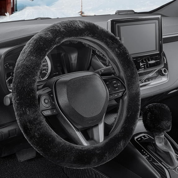 2 Pcs Plush Steering Wheel Cover Set with Gear Shift Cover, 15 Inch Universal Soft Faux Fur Fluffy Auto Interior Accessories, Warm Winter Car Decor