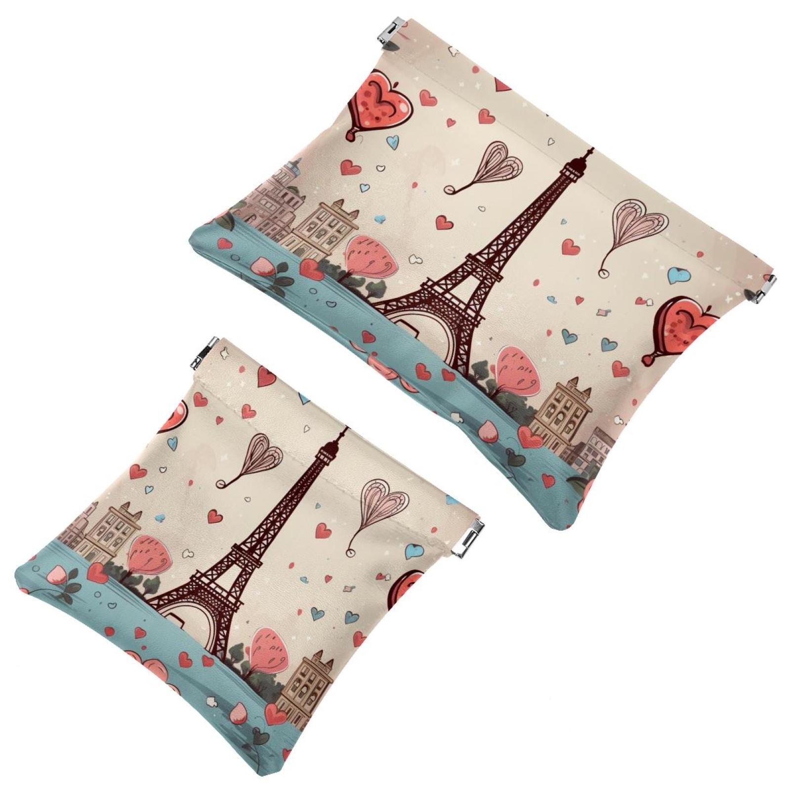 2 Pcs Pocket Cosmetic Bag, Eiffel Tower Valentine's Day Pattern Self