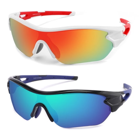 2 Pcs Polarized Sports Sunglasses for Men Women Youth Baseball Fishing Cycling Running Golf Motorcycle Tac Glasses UV400 Red/Blue