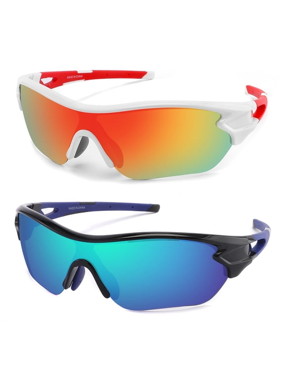 2 Pcs Polarized Sports Sunglasses for Men Women Youth Baseball Fishing Cycling Running Golf Motorcycle Tac Glasses UV400 Red/Blue