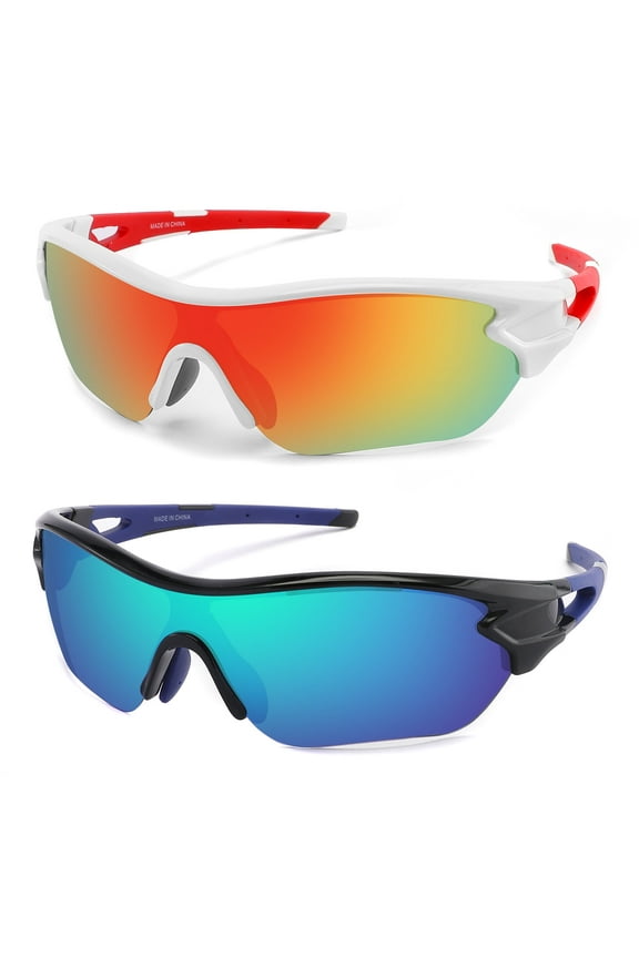 2 Pcs Polarized Sports Sunglasses for Men Women Youth Baseball Fishing Cycling Running Golf Motorcycle Tac Glasses UV400 Red/Blue