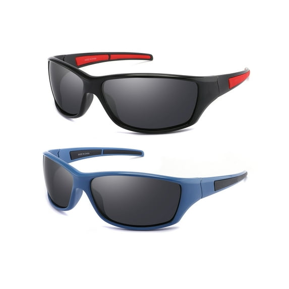 2 Pcs Polarized Wrap Around Sport Sunglasses for Men Women UV400 Baseball Softball Glasses Black/Blue
