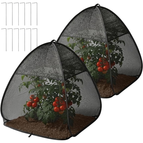 2 Pcs Pop Up Garden Netting Bug and Shade Covers, 30" x 28" x 28" Plant Sun Shade Top Bird Netting Tents, Insect Barrier Sun Protection Plant Cover Tent for Outdoor Plants Vegetables Fruits (Black)