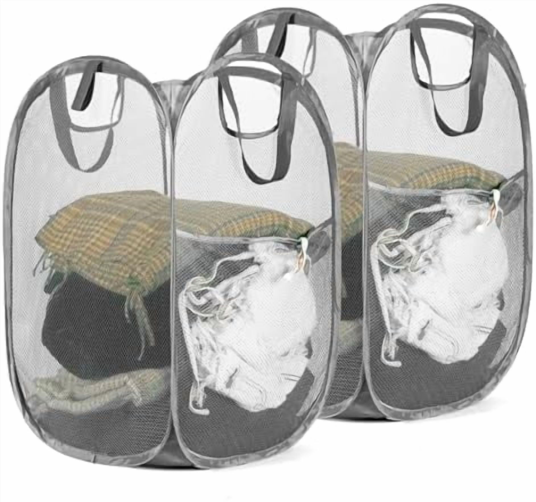 2 Pcs Pop Up Laundry Hamper, Strong Mesh Laundry Baskets Collapsible, Hamper with Handles and Side Pocket, Portable Foldable Dirty Clothes for Dorm, Laundry room and Travel Storage, Grey