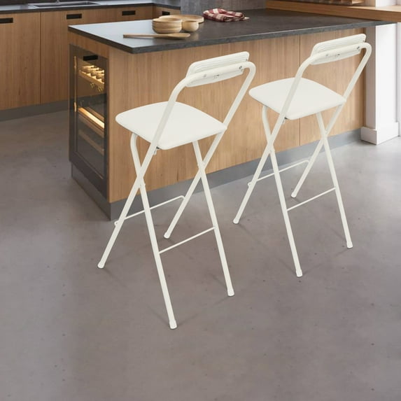 2 Pcs Portable Folding Stool, 29.5 in Folding Bar Stool with Backrest Cushioned Padded Folding Stool Counter Height Bar Stool for Camping Kitchen Home Office (White)