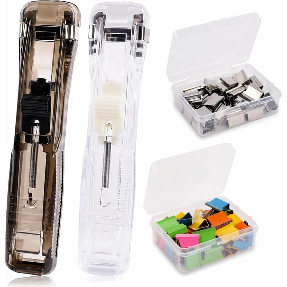 2 Pcs Portable Handheld Paper Clam Clip Dispenser with 100 Refills Mini Push Stapler Papers Clamps for Fixing Documents -
