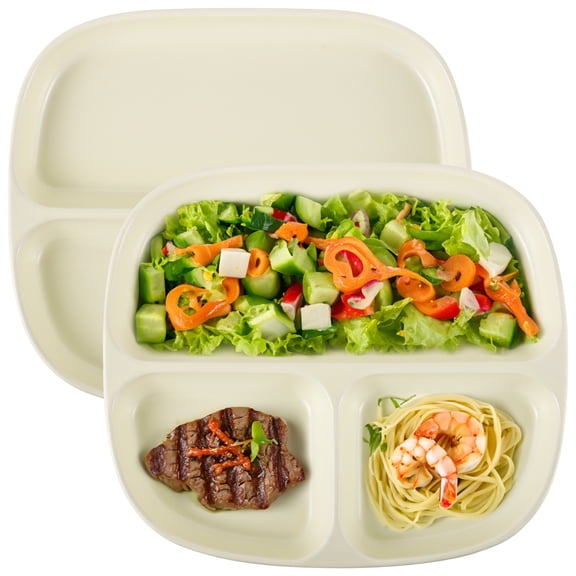 2 Pcs Portion Control Plates, 8.5" Ceramic Divided Plates for Adults, Square Porcelain Dinner Diet Plates for Balanced Meals and Weight Loss Diet Plates, Cream Yellow