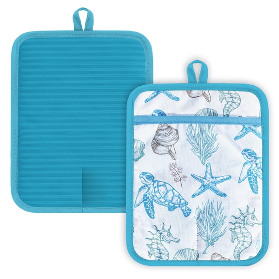 2 Pcs Pot Holders with Pocket Cotton Pot Holder Oven Mitts for Kitchen Baking Cooking,A Charming Pattern Of Blue Sea Turtles