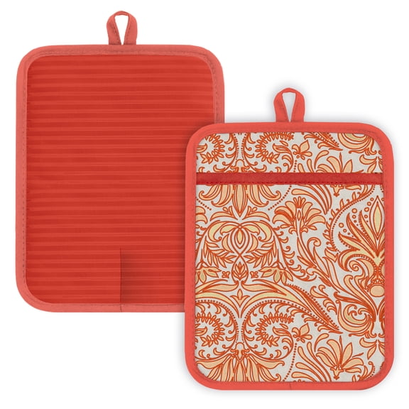 2 Pcs Pot Holders with Pocket Cotton Pot Holder Oven Mitts for Kitchen Baking Cooking,Boho Orange And White Floral Pattern