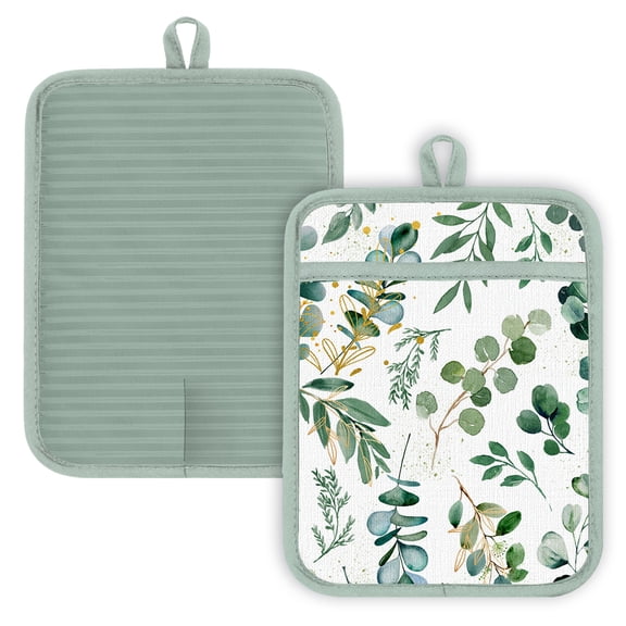 2 Pcs Pot Holders with Pocket Cotton Pot Holder Oven Mitts for Kitchen Baking Cooking,Green Eucalyptus Leaves On A White Background