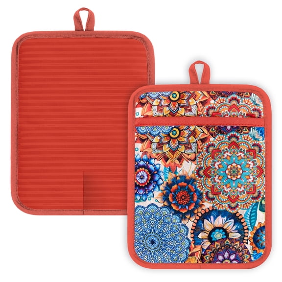 2 Pcs Pot Holders with Pocket Cotton Pot Holder Oven Mitts for Kitchen Baking Cooking,Intricate Floral Mandala Pattern