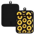 thumbnail image 1 of 2 Pcs Pot Holders with Pocket Cotton Pot Holder Oven Mitts for Kitchen Baking Cooking,Yellow Sunflowers On A Black Background, 1 of 5