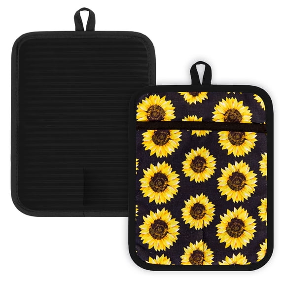 2 Pcs Pot Holders with Pocket Cotton Pot Holder Oven Mitts for Kitchen Baking Cooking,Yellow Sunflowers On A Black Background