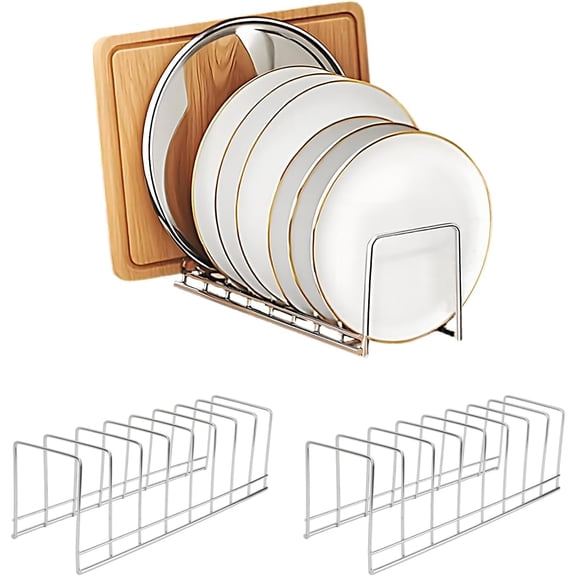 2 Pcs Pot Lid Organizer Pot Lid holder, Stainless Steel Dish Plate Rack Pots and Pans Organizer Under Cabinet, Kitchen Cutting Board Organizer for Bakeware, Dish, Plate, Serving Trays & Lids