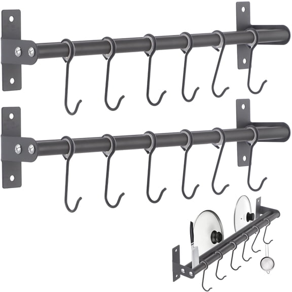 2Pack Pot Rack 15.7" Dual Rod Carbon Steel Wall Mounted Cookware Organizer with 6 Movable Hangers, MultiPurpose Storage Shelf for Kitchen, Bathroom, Pantry & Entryway, Gray