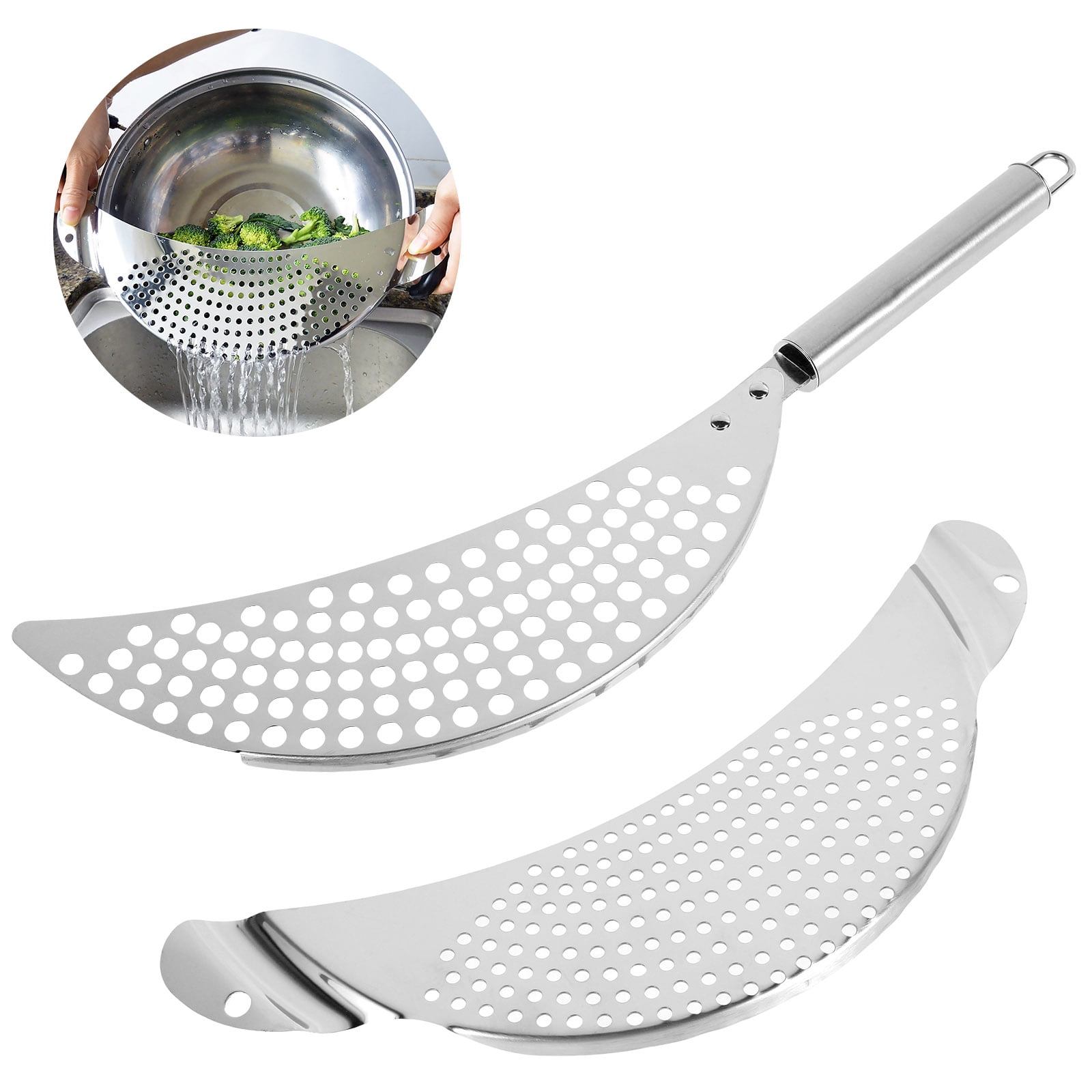 2 Pcs Pot Strainer with Handle Stainless Steel Colander Pasta Drainer
