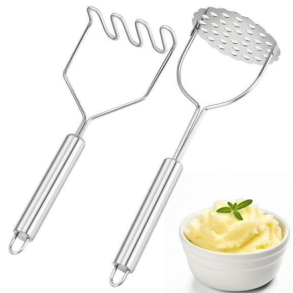 2 Pcs Potato Masher Stainless Steel Heavy Duty Integrated Masher Kitchen Tool with Ergonomic Handle for Avocados Beans Fruit Vegetables