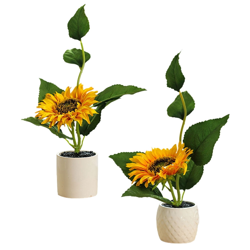 2 Pcs Potted Sunflower Fake Green Plant Decors Desktop Adornments Delicate Plant Faux Flowers Indoor Potted Plants