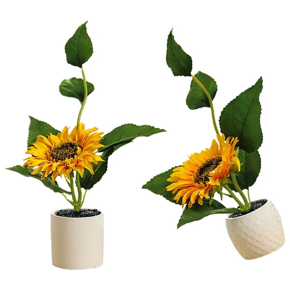 FENGGUIQU 2Pcs Multi-Color Plastic Ceramic Sunflower Artificial Bonsai Plants Decorative Non-Fading Home Office Shop Decor